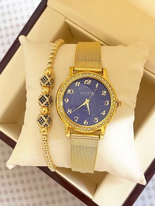 Ceas dama auriu cu bratara metalica si cadran albastru