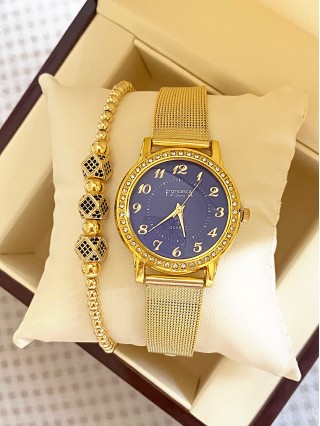 Ceas dama auriu cu bratara metalica si cadran albastru