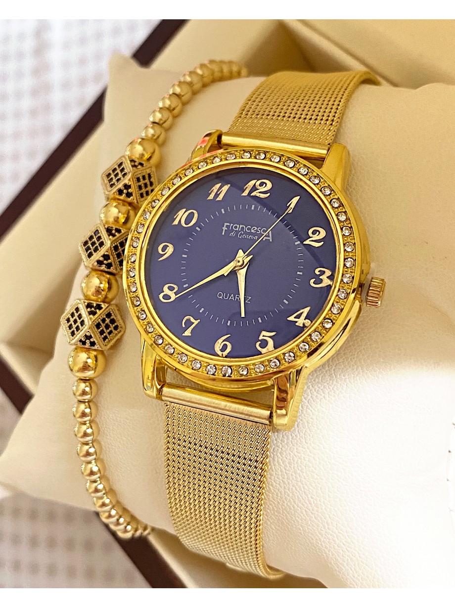 Ceas dama auriu cu bratara metalica si cadran albastru