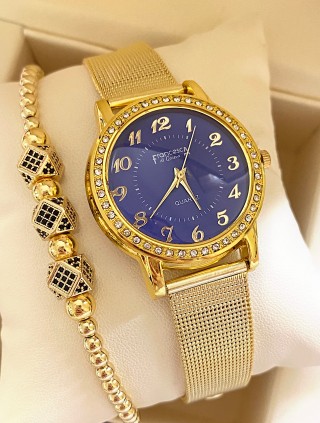 Ceas dama auriu cu bratara metalica si cadran albastru