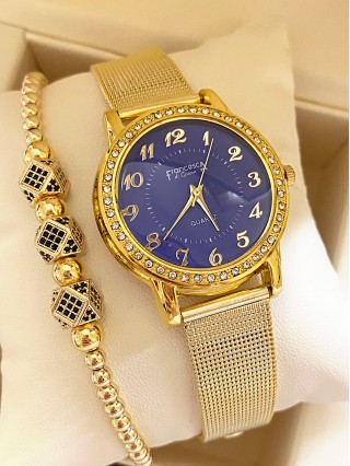 Ceas dama auriu cu bratara metalica si cadran albastru