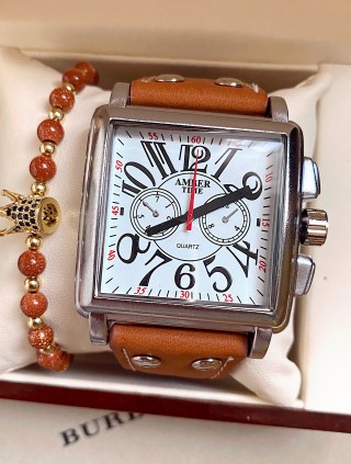 Ceas barbati maro cu bratara din piele ecologica si cadran patrat