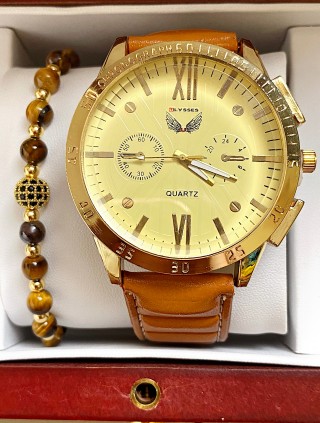 Ceas barbati maro cu bratara din piele ecologica si cadran galben