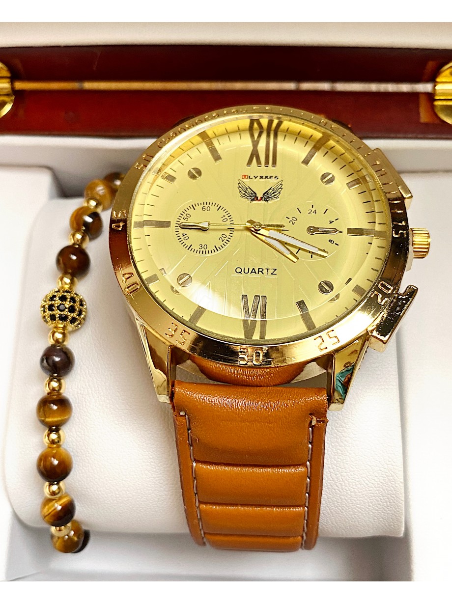 Ceas barbati maro cu bratara din piele ecologica si cadran galben