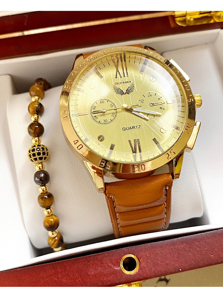 Ceas barbati maro cu bratara din piele ecologica si cadran galben