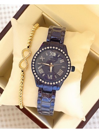 Ceas unisex albastru cu bratara metalica si cadran simplu