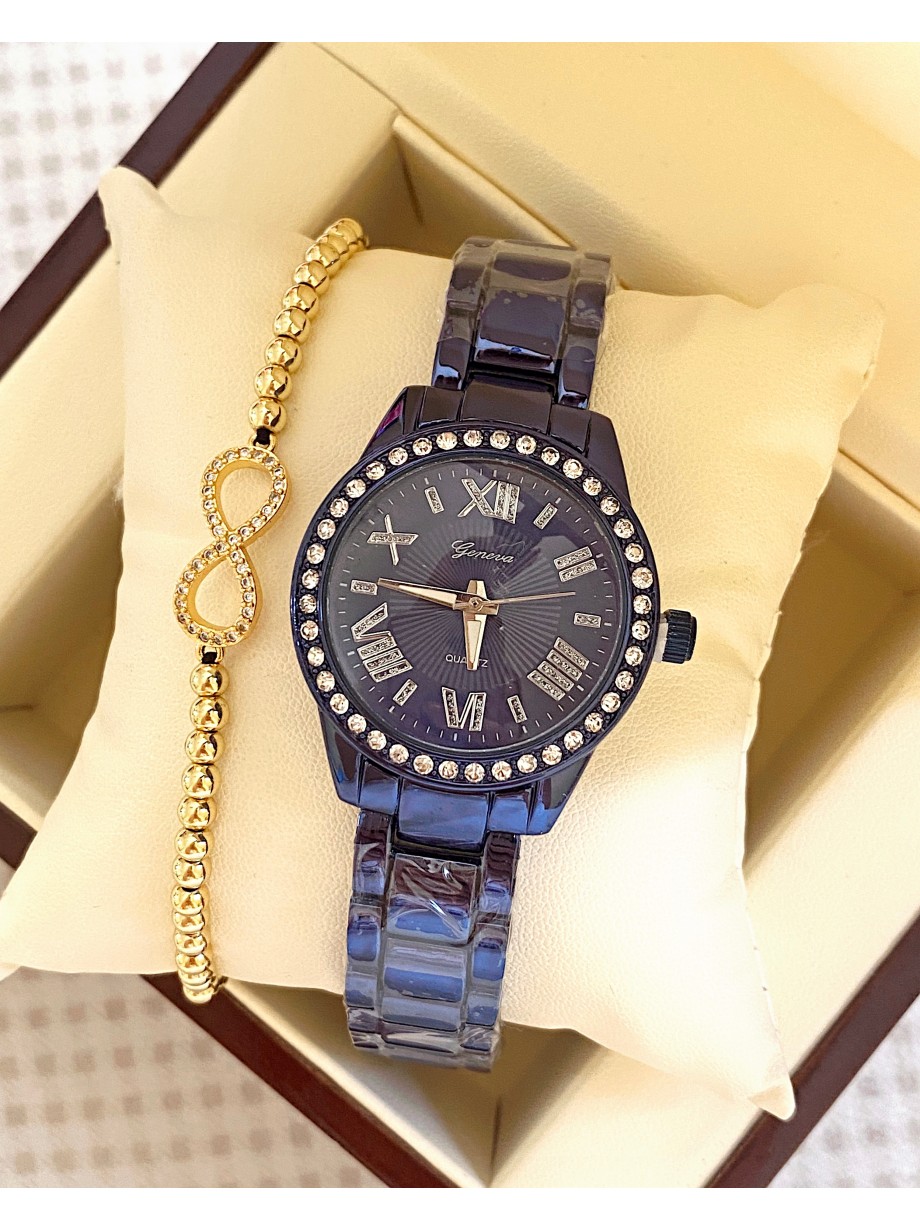 Ceas unisex albastru cu bratara metalica si cadran simplu