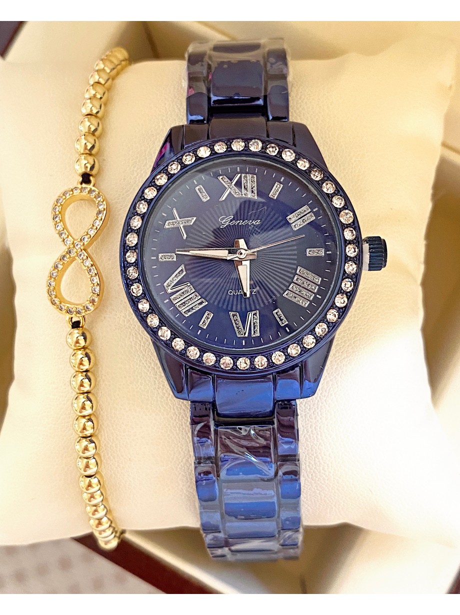 Ceas unisex albastru cu bratara metalica si cadran simplu