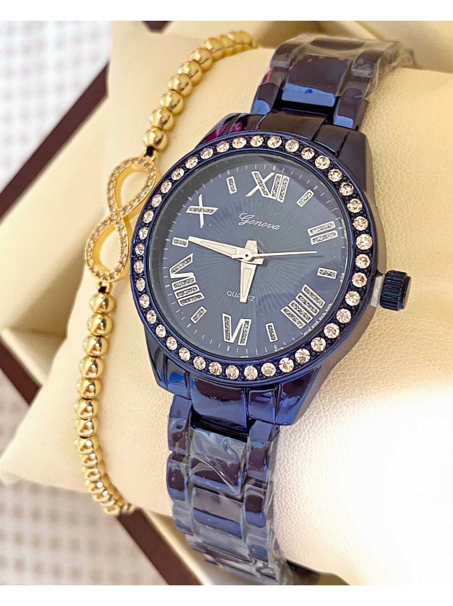 Ceas unisex albastru cu bratara metalica si cadran simplu