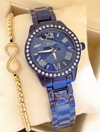 Ceas unisex albastru cu bratara metalica si cadran simplu