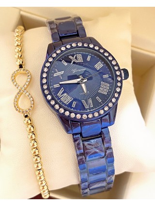 Ceas unisex albastru cu bratara metalica si cadran simplu