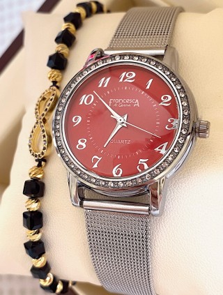 Ceas dama argintiu cu bratara metalica si cadran rosu