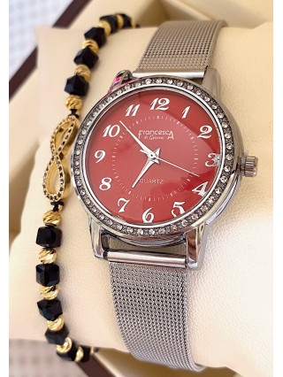 Ceas dama argintiu cu bratara metalica si cadran rosu