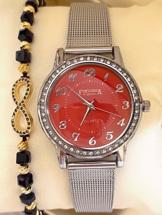 Ceas dama argintiu cu bratara metalica si cadran rosu