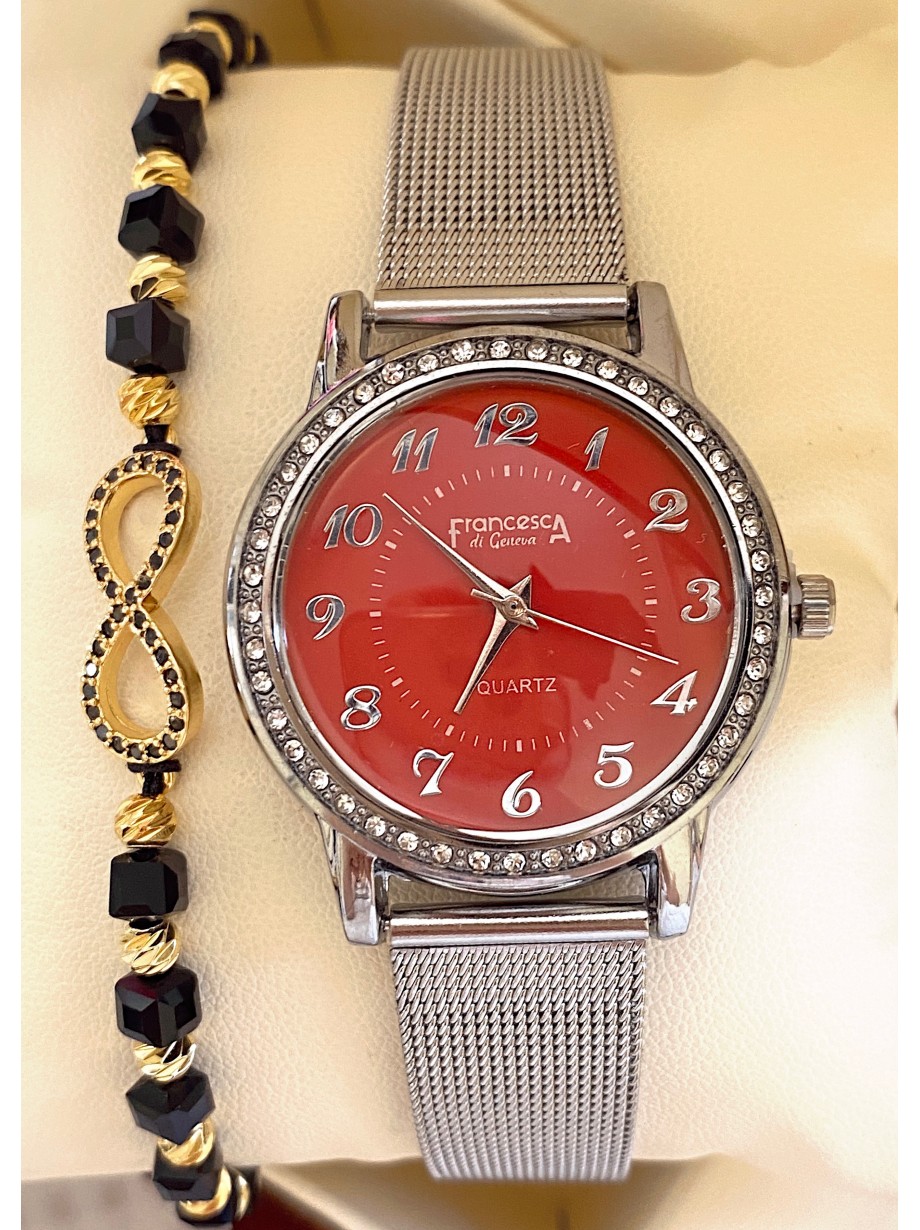 Ceas dama argintiu cu bratara metalica si cadran rosu