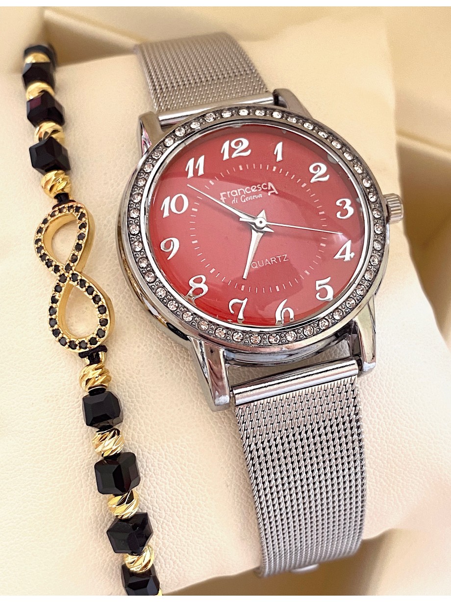 Ceas dama argintiu cu bratara metalica si cadran rosu