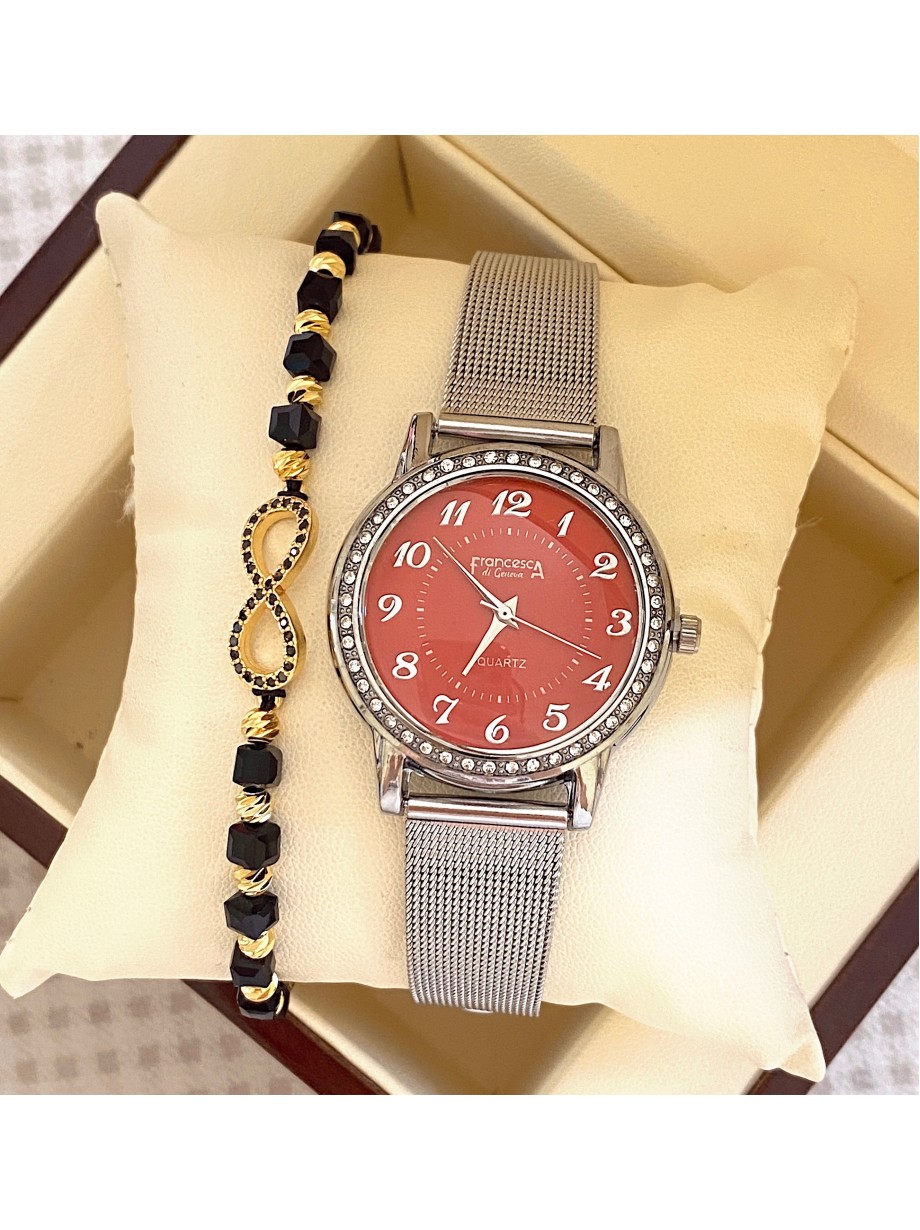 Ceas dama argintiu cu bratara metalica si cadran rosu