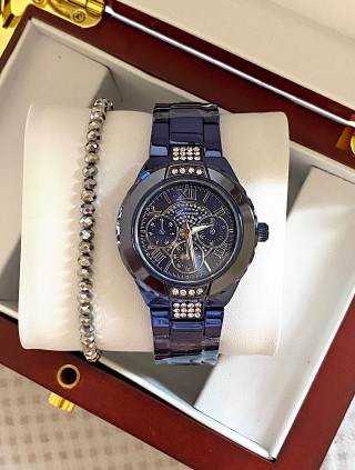 Ceas barbati bleumarin cu bratara metalica si cadran cu pietricele mici