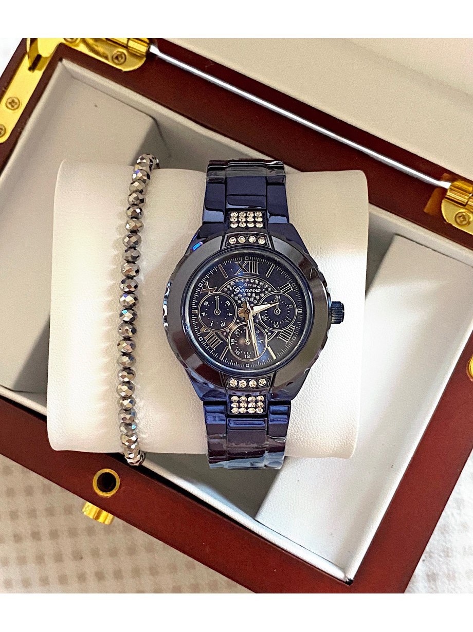 Ceas barbati bleumarin cu bratara metalica si cadran cu pietricele mici