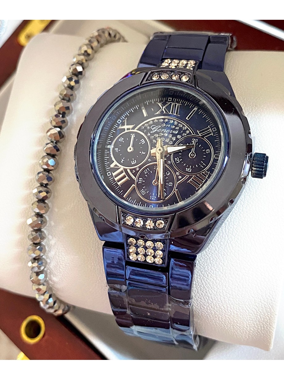 Ceas barbati bleumarin cu bratara metalica si cadran cu pietricele mici