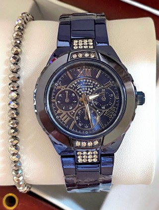 Ceas barbati bleumarin cu bratara metalica si cadran cu pietricele mici