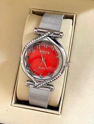 Ceas dama argintiu cu bratara metalica si cadran rosu
