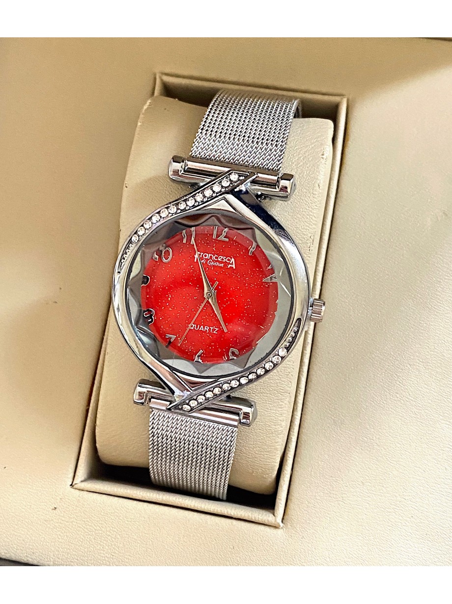 Ceas dama argintiu cu bratara metalica si cadran rosu