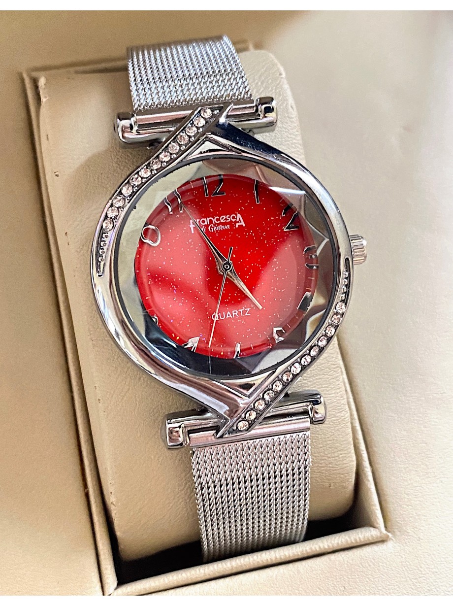 Ceas dama argintiu cu bratara metalica si cadran rosu