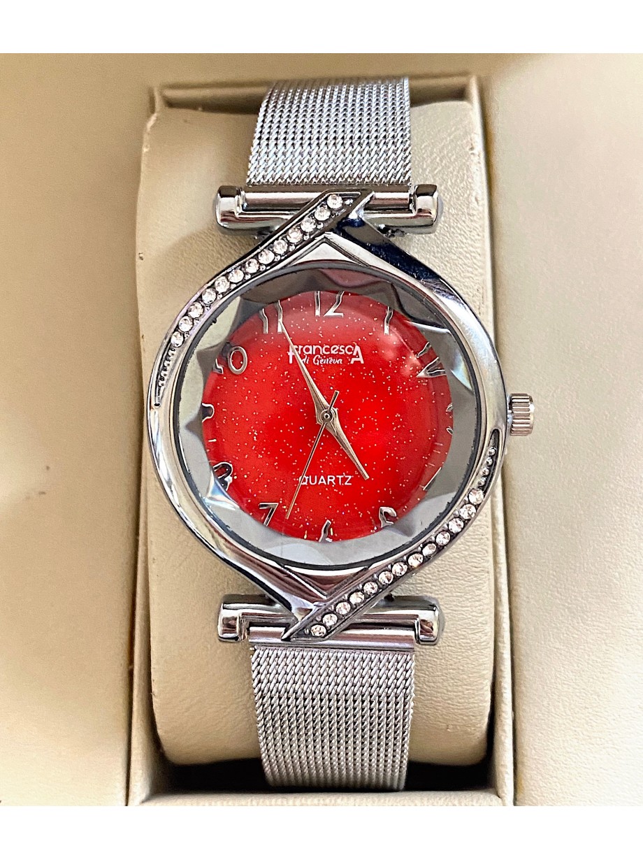 Ceas dama argintiu cu bratara metalica si cadran rosu