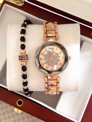 Ceas dama roze cu bratara metalica si cadran cu floare