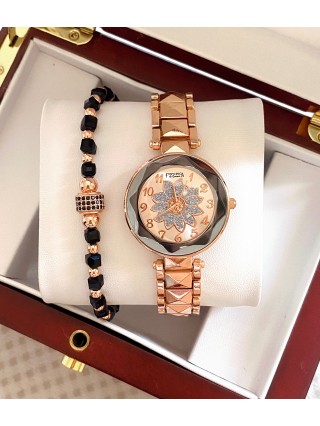 Ceas dama roze cu bratara metalica si cadran cu floare