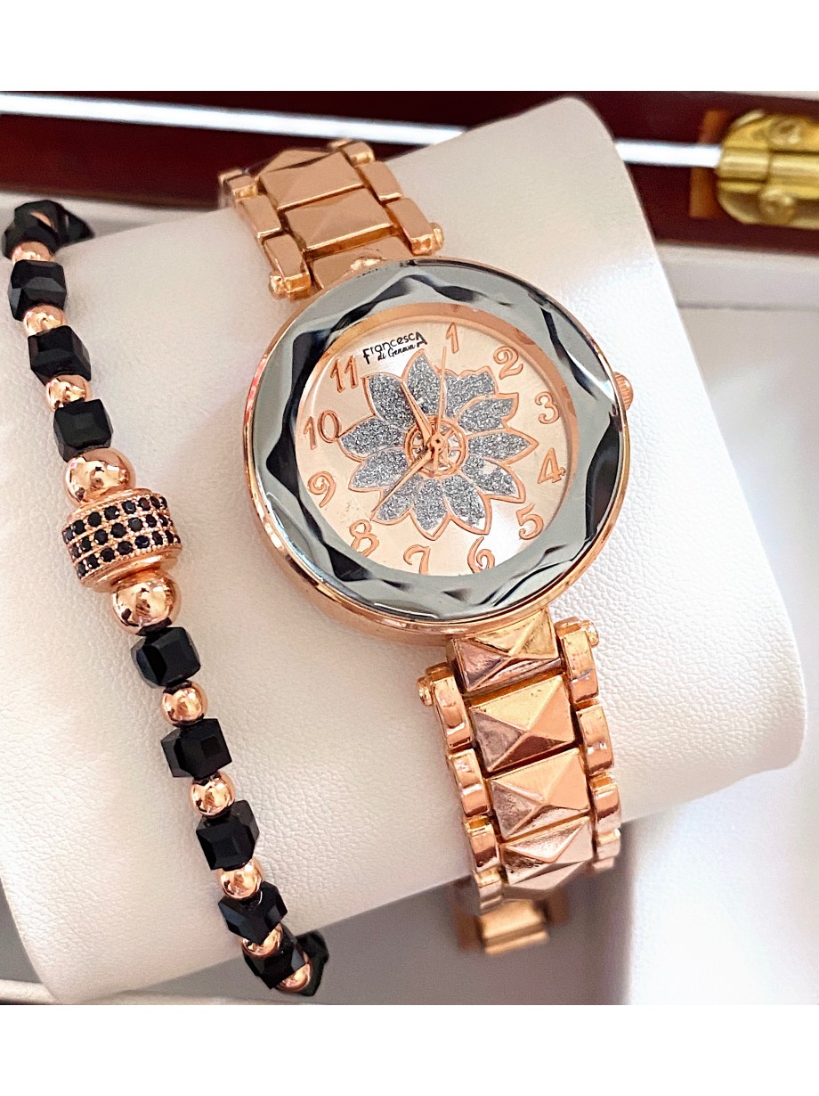 Ceas dama roze cu bratara metalica si cadran cu floare