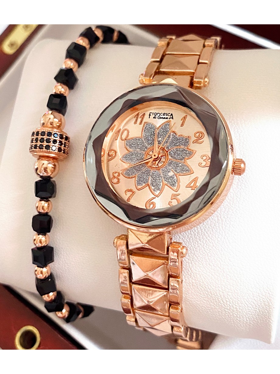 Ceas dama roze cu bratara metalica si cadran cu floare