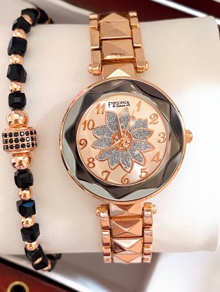 Ceas dama roze cu bratara metalica si cadran cu floare