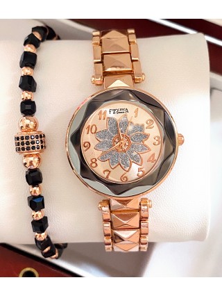 Ceas dama roze cu bratara metalica si cadran cu floare