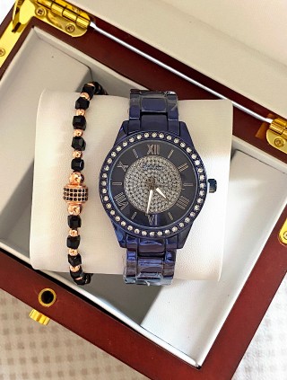 Ceas unisex bleumarin cu bratara metalica si cadran cu pietricele