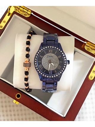 Ceas unisex bleumarin cu bratara metalica si cadran cu pietricele
