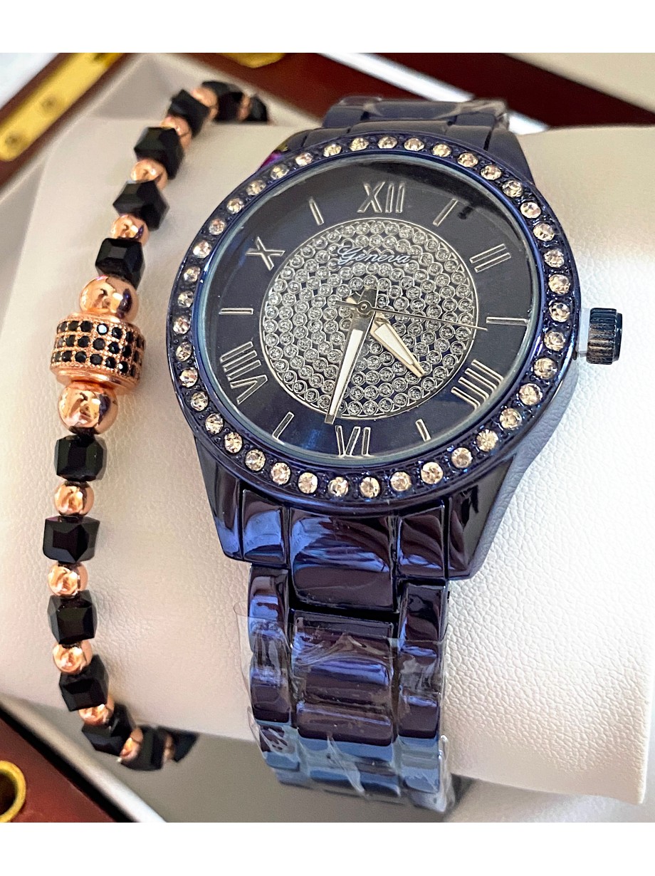 Ceas unisex bleumarin cu bratara metalica si cadran cu pietricele