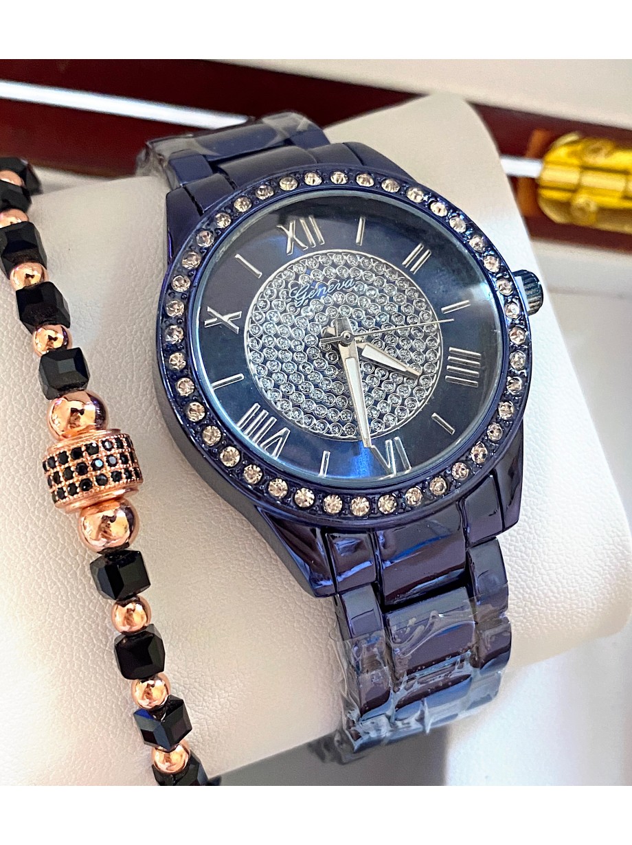 Ceas unisex bleumarin cu bratara metalica si cadran cu pietricele