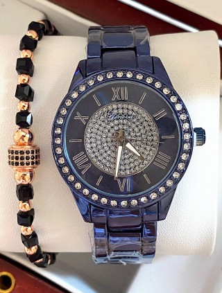 Ceas unisex bleumarin cu bratara metalica si cadran cu pietricele