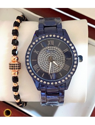 Ceas unisex bleumarin cu bratara metalica si cadran cu pietricele
