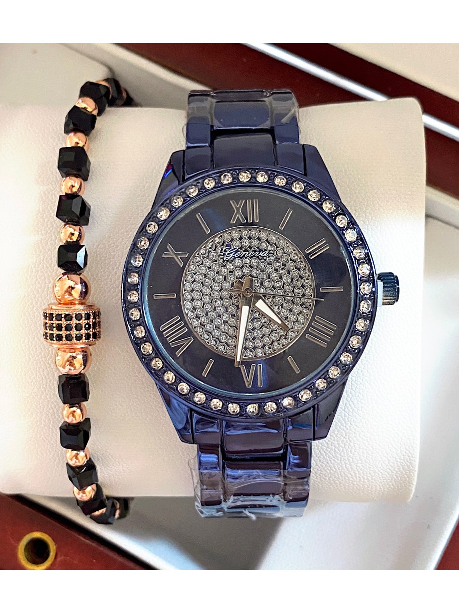 Ceas unisex bleumarin cu bratara metalica si cadran cu pietricele