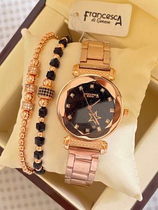 Ceas dama roze cu bratara metalica si cadran negru cu steluta