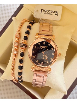 Ceas dama roze cu bratara metalica si cadran negru cu steluta