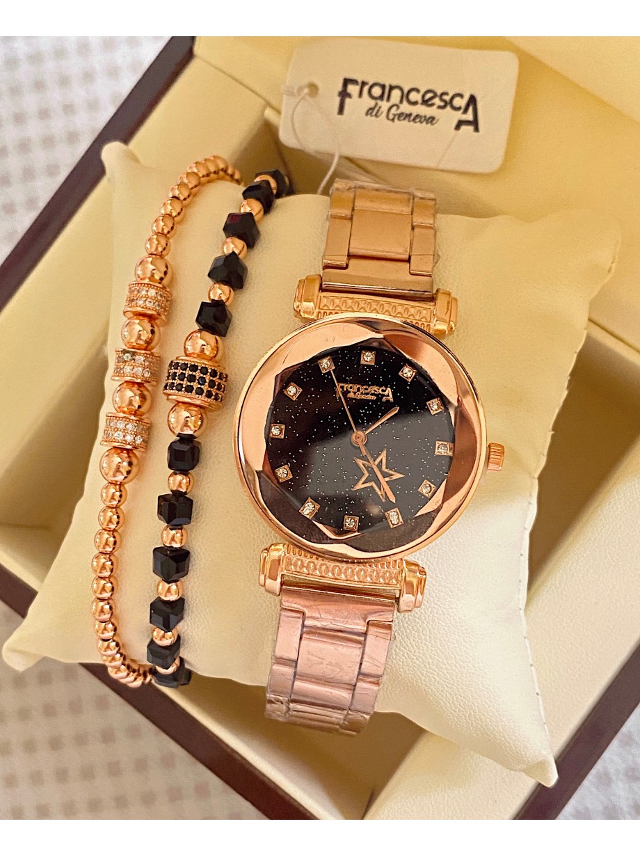 Ceas dama roze cu bratara metalica si cadran negru cu steluta
