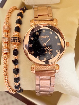 Ceas dama roze cu bratara metalica si cadran negru cu steluta