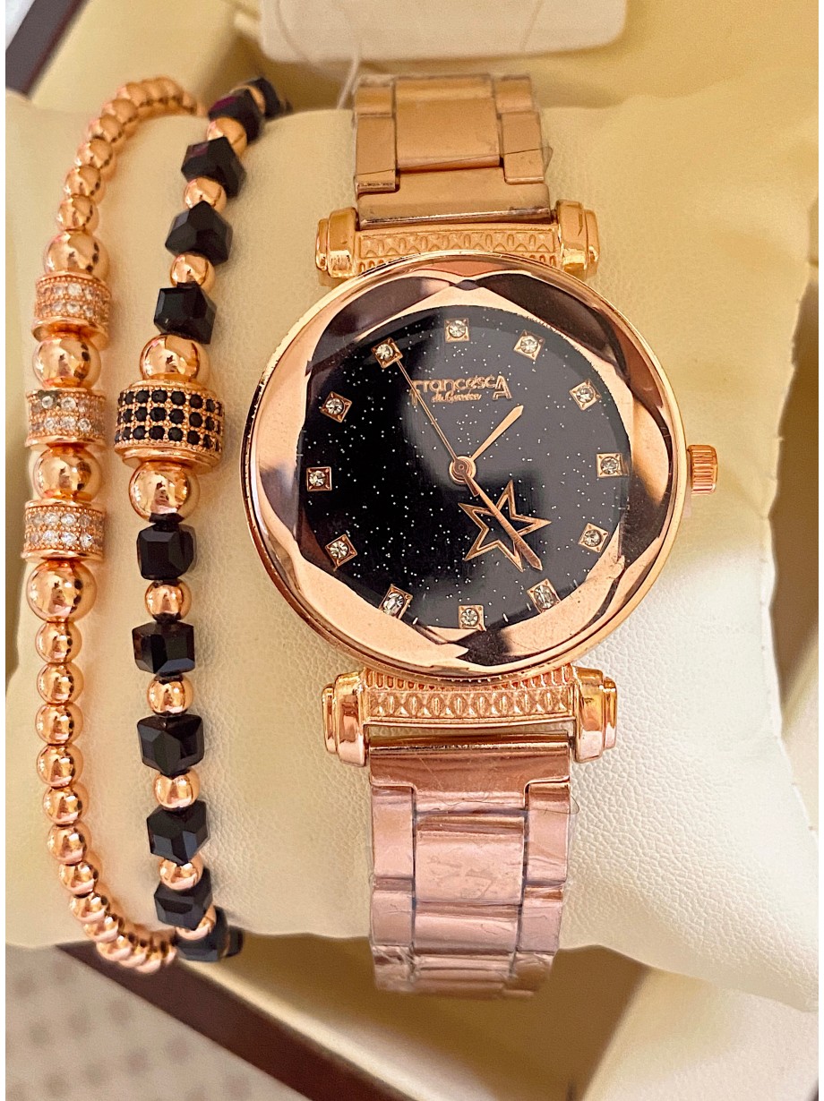 Ceas dama roze cu bratara metalica si cadran negru cu steluta
