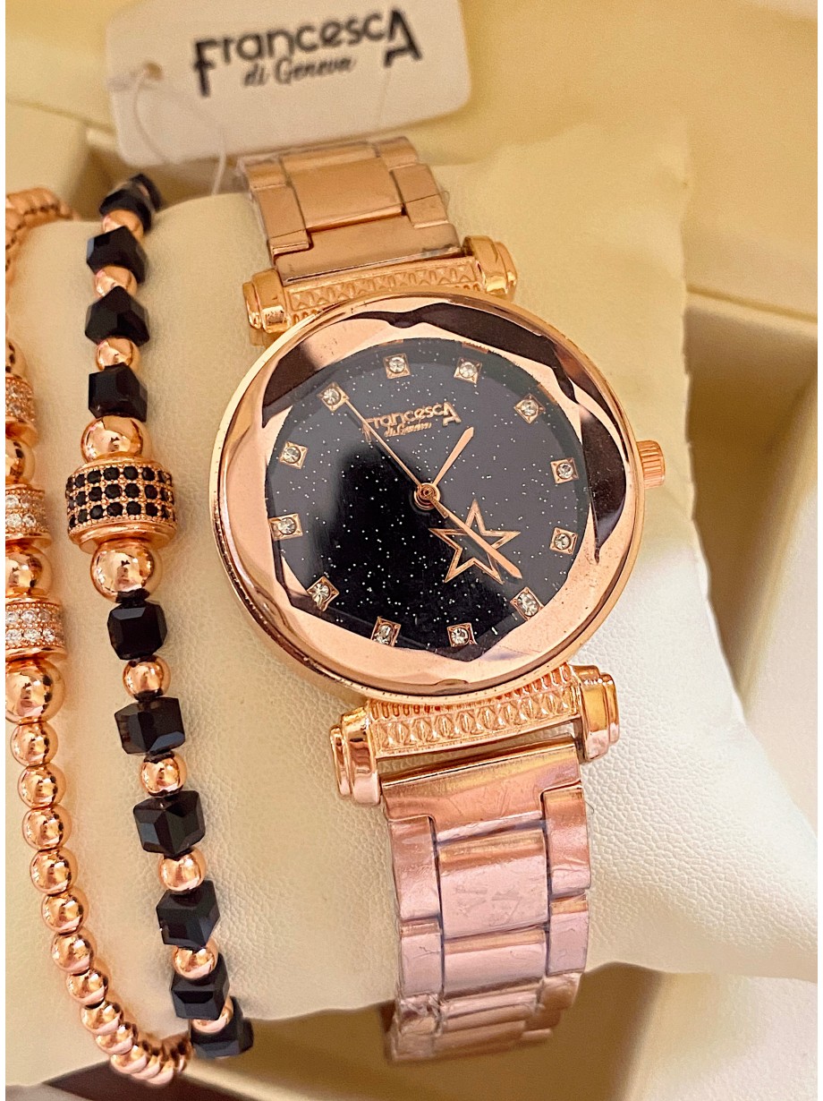 Ceas dama roze cu bratara metalica si cadran negru cu steluta