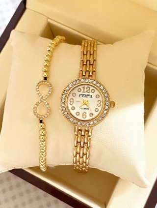 Ceas dama auriu cu bratara metalica si cadran cu pietricele