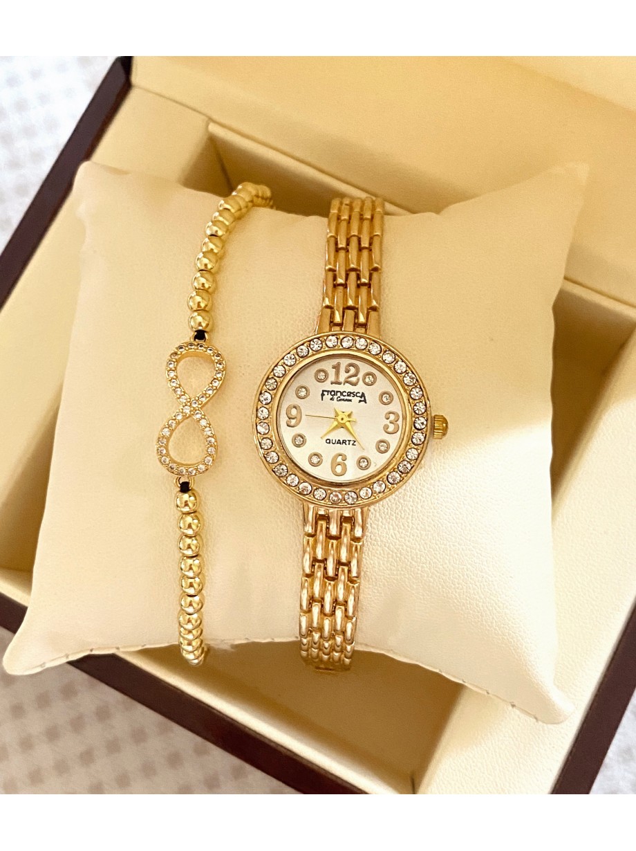 Ceas dama auriu cu bratara metalica si cadran cu pietricele